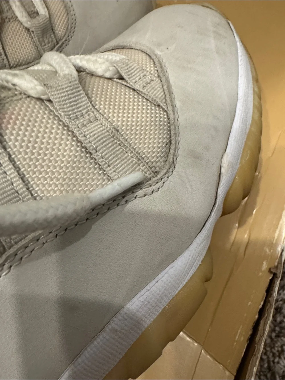 Jordan 11 Men's High-Top Sneakers in Off-White, Gum & Red Accents